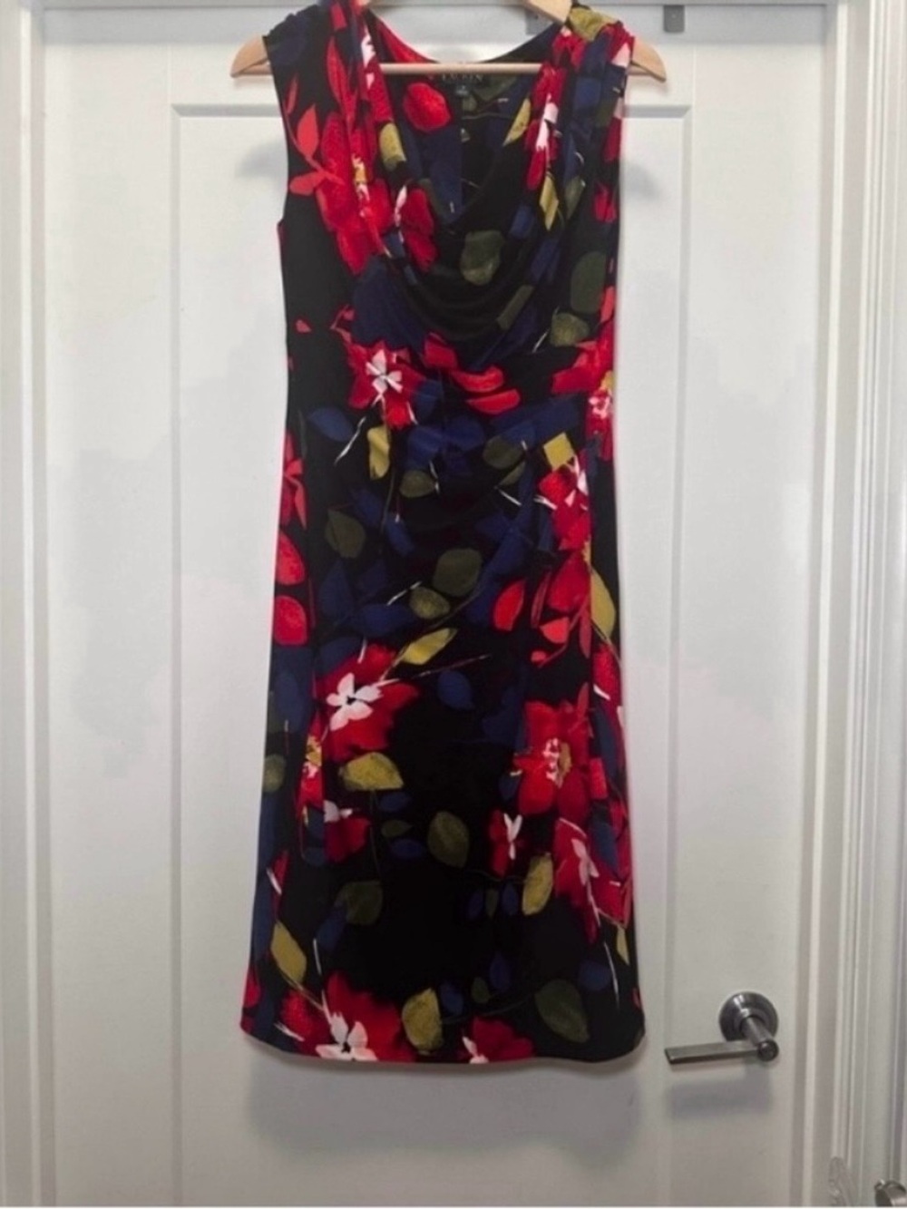 ❤️💙 LAUREN RALPH LAUREN Red, Blue, & Black Floral Print Cowl Neck Dress - Size 8